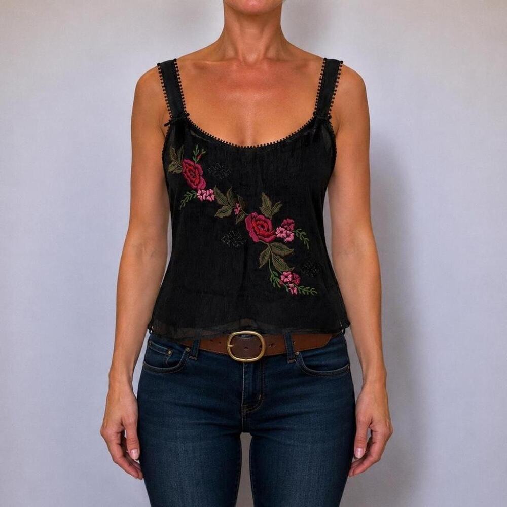 VTG Romantic Goth Fairy 100% Silk Embroidered Rose Whimsical Cami Top Sz 16 L